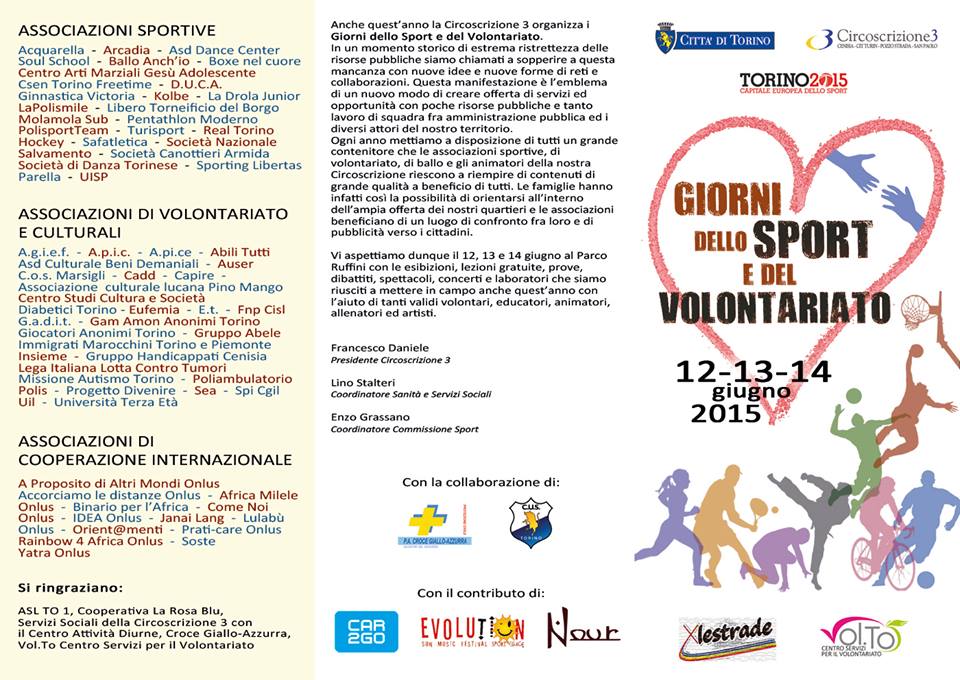 Dal 12 al 15 giugno, a Torino Giorni dello Sport e del Volontariato della Circoscrizione 3