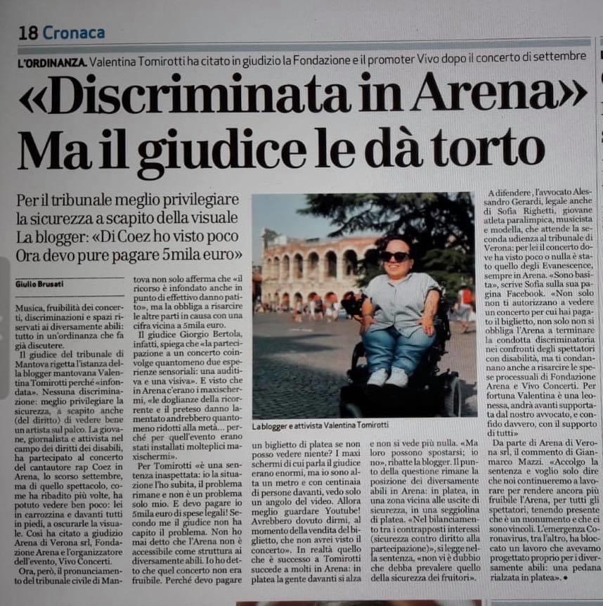 Il giudice ha dato torto a Valentina Tomirotti, che aveva fatto causa ad Arena di Verona e Vivo concerti.